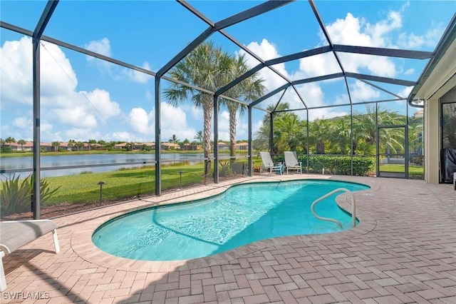 view of swimming pool with a lanai, a water view, and a patio