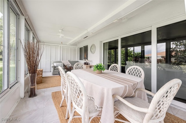 sunroom / solarium with a ceiling fan, outdoor dining area, and a wealth of natural light