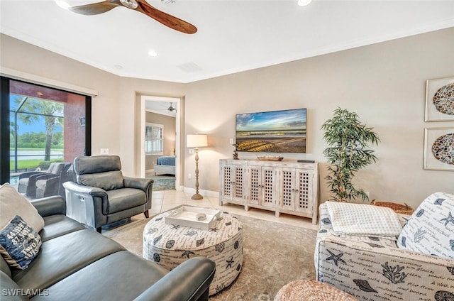 living room featuring ceiling fan