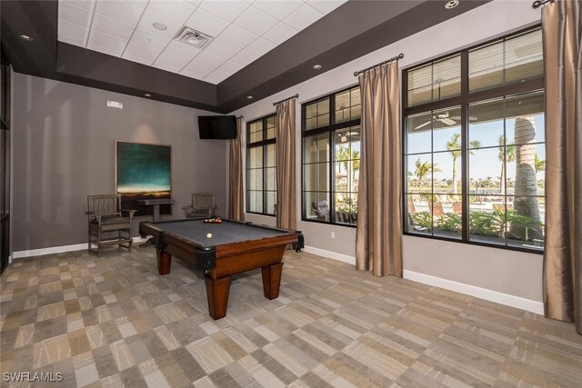 rec room featuring a high ceiling, light colored carpet, and billiards