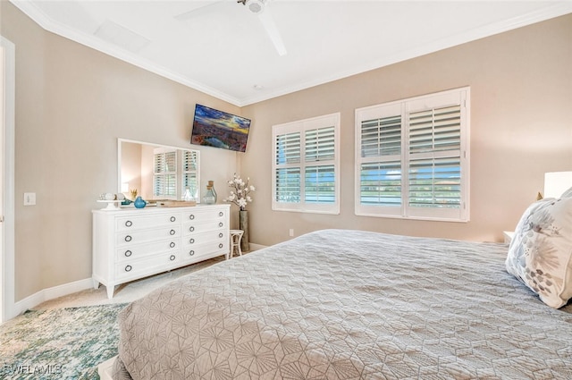 bedroom featuring light carpet, crown molding, multiple windows, and ceiling fan