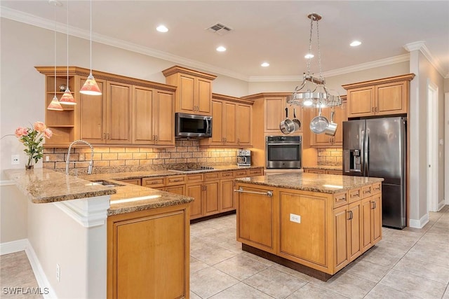 kitchen featuring a center island, crown molding, decorative light fixtures, kitchen peninsula, and stainless steel appliances