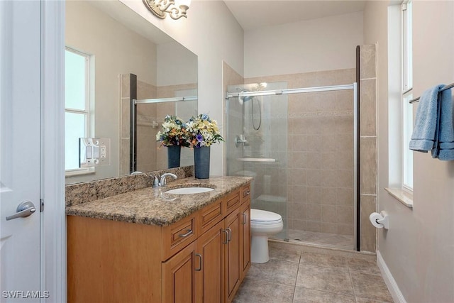 bathroom with tile patterned flooring, vanity, an enclosed shower, and toilet