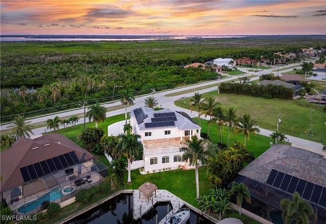 view of aerial view at dusk