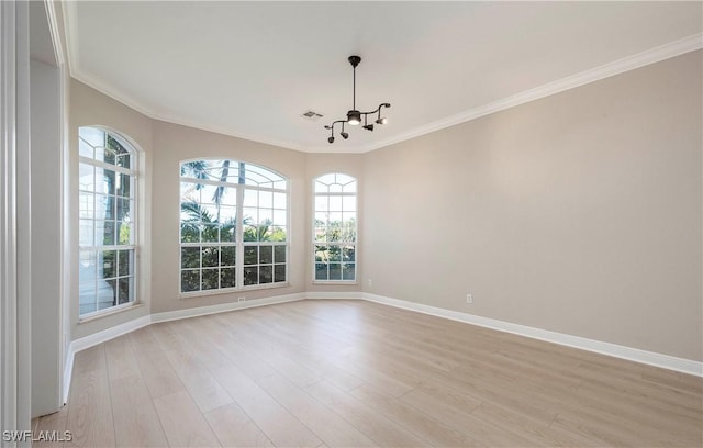 empty room featuring light hardwood / wood-style floors, a wealth of natural light, and ornamental molding