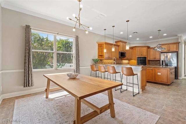 dining room with light tile patterned floors, recessed lighting, a notable chandelier, baseboards, and crown molding