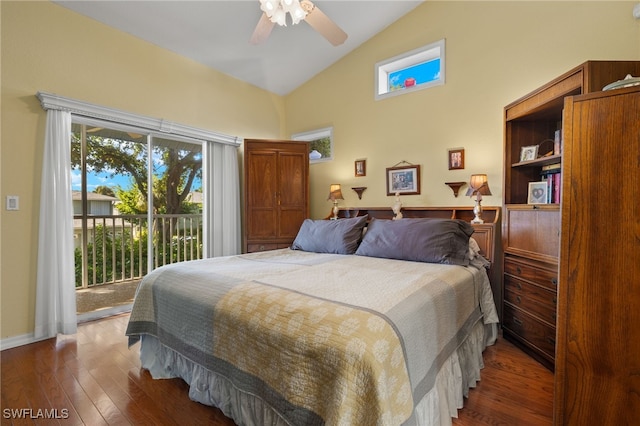 bedroom featuring multiple windows, ceiling fan, dark hardwood / wood-style flooring, and access to outside