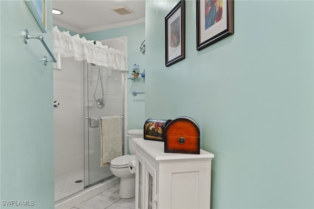 1010 Partridge Cir Unit 202, Naples, FL 34104 - bathroom featuring toilet, ornamental molding, a shower stall, and marble finish floors