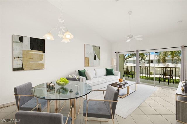 1010 Partridge Cir Unit 202, Naples, FL 34104 - tiled living area featuring a ceiling fan, a chandelier, and high vaulted ceiling