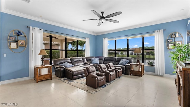 tiled living room with ceiling fan and ornamental molding