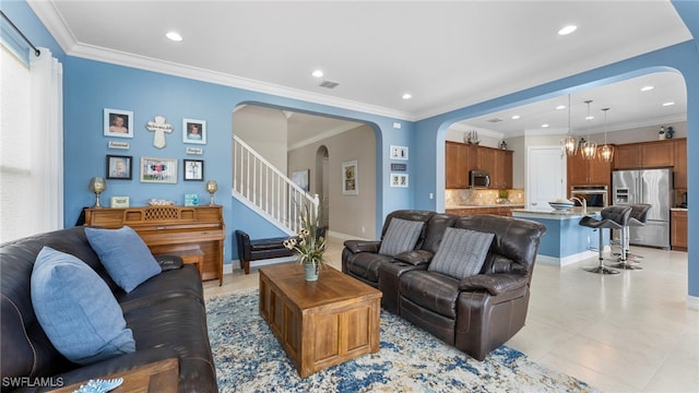 tiled living room with ornamental molding