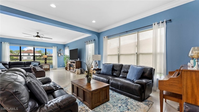 tiled living room with crown molding and ceiling fan