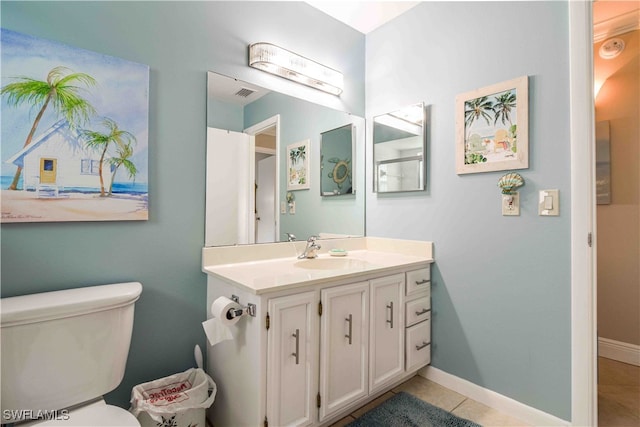 bathroom with vanity, toilet, and tile patterned flooring