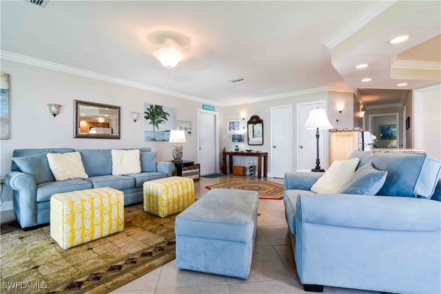 living room featuring light tile patterned floors and ornamental molding