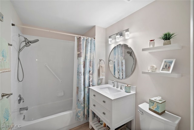 full bathroom featuring vanity, toilet, and shower / bath combination with curtain