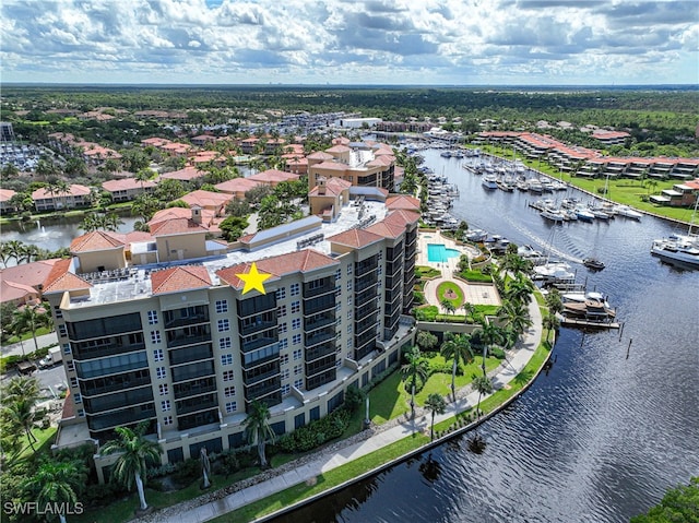 drone / aerial view with a water view