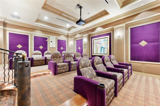 carpeted cinema with crown molding and coffered ceiling