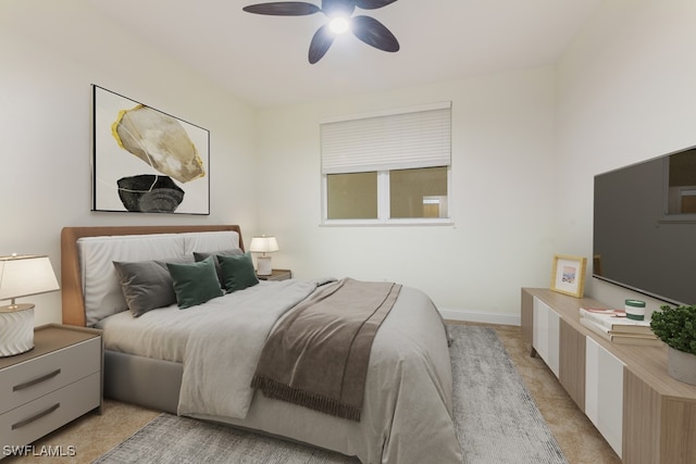 bedroom with light colored carpet and ceiling fan