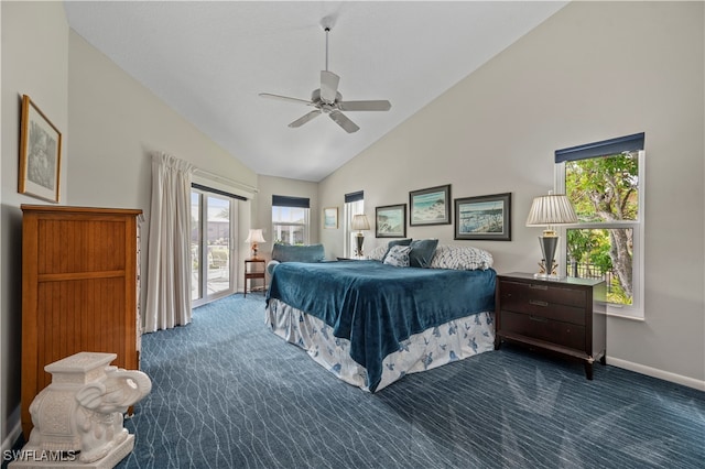 carpeted bedroom featuring vaulted ceiling, ceiling fan, and access to exterior