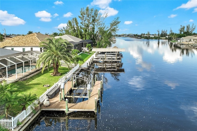 view of dock featuring glass enclosure, a water view, and a swimming pool