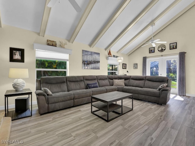 living room featuring ceiling fan, beamed ceiling, french doors, high vaulted ceiling, and light wood-type flooring