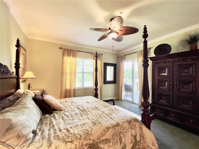 carpeted bedroom featuring crown molding, access to exterior, and ceiling fan