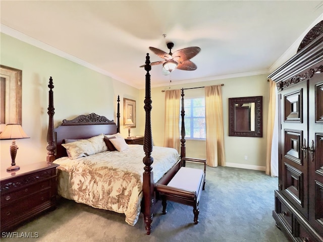 bedroom featuring ornamental molding, dark colored carpet, and ceiling fan