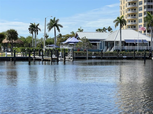 view of water feature with a dock