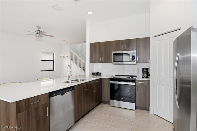 kitchen featuring appliances with stainless steel finishes, ceiling fan with notable chandelier, kitchen peninsula, pendant lighting, and sink