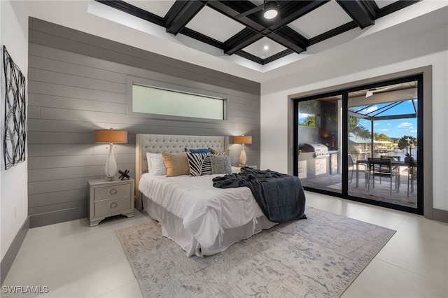 bedroom featuring coffered ceiling, wood walls, beam ceiling, and access to outside