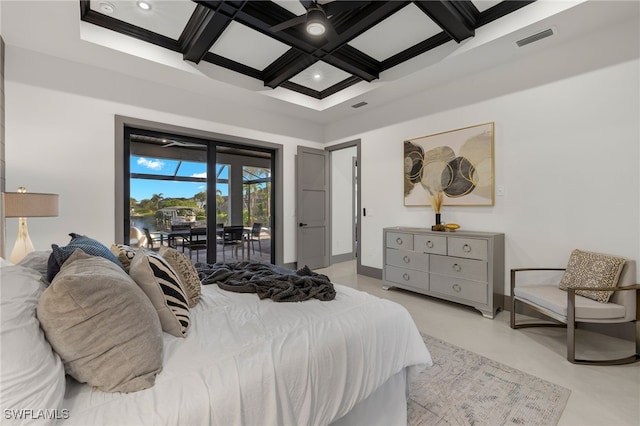 bedroom with coffered ceiling, access to outside, ceiling fan, and beamed ceiling