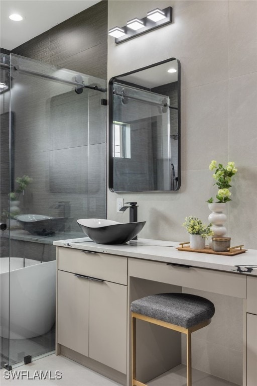 bathroom with vanity and walk in shower