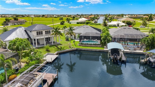 bird's eye view with a water view