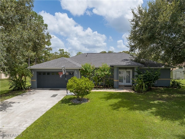 ranch-style house with a garage and a front yard