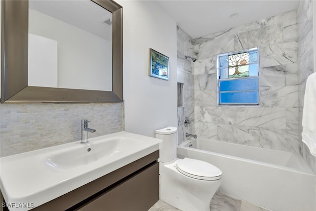 full bathroom featuring tiled shower / bath combo, toilet, vanity, and tasteful backsplash