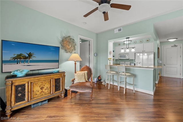 living room featuring ceiling fan and dark hardwood / wood-style floors