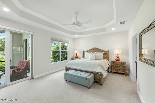 bedroom with visible vents, baseboards, recessed lighting, a raised ceiling, and access to outside