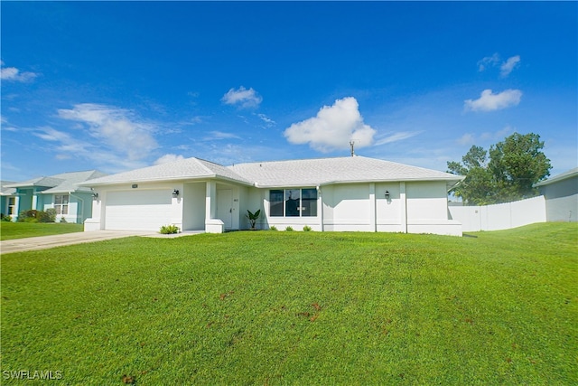 ranch-style house featuring a garage and a front lawn