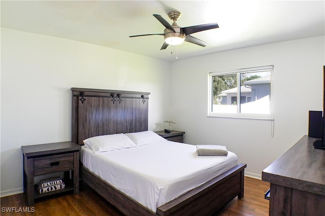 bedroom featuring ceiling fan and dark hardwood / wood-style floors