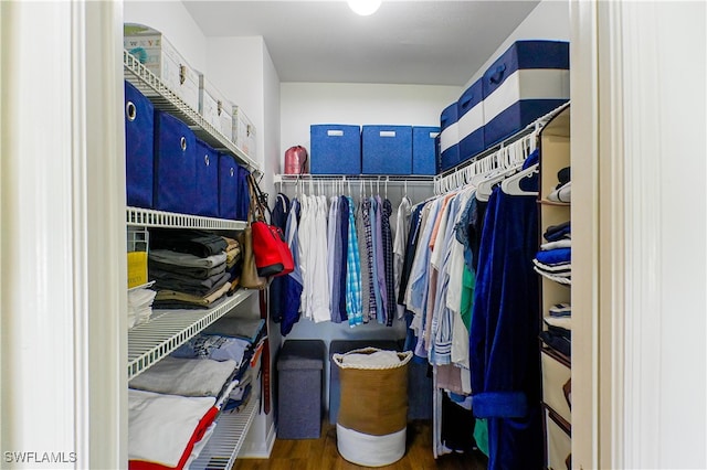 spacious closet with dark hardwood / wood-style flooring