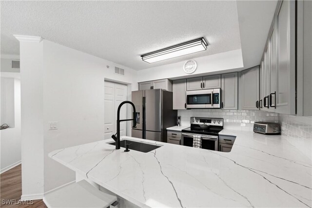 kitchen with gray cabinets, dark hardwood / wood-style flooring, sink, light stone countertops, and appliances with stainless steel finishes