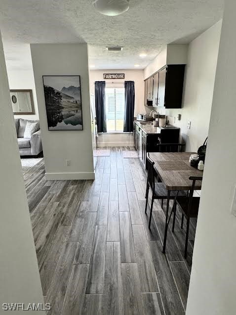 kitchen with hardwood / wood-style floors, a textured ceiling, and sink