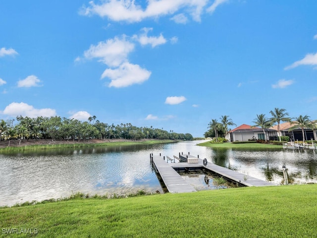 dock area featuring a lawn and a water view