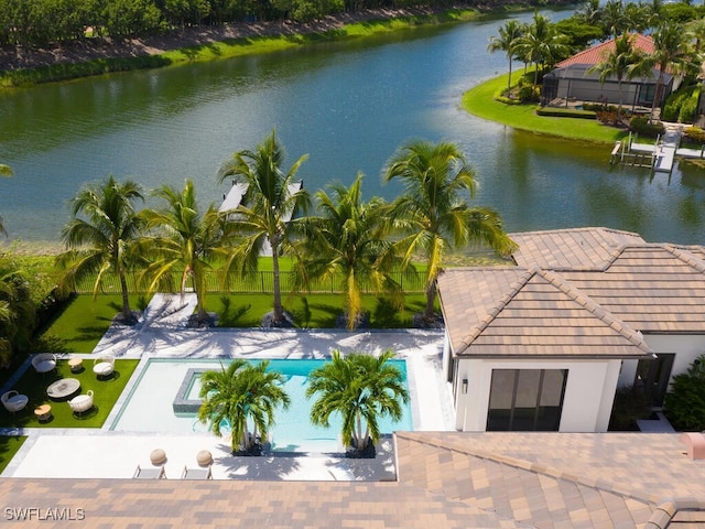 birds eye view of property featuring a water view