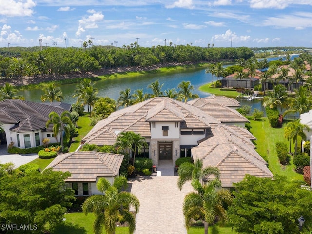 bird's eye view with a water view