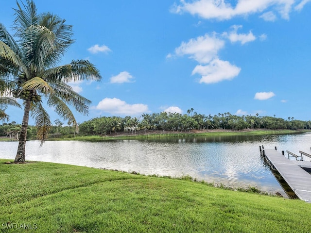 view of dock with a water view and a yard