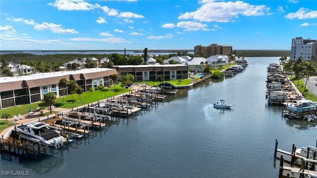 bird's eye view with a water view