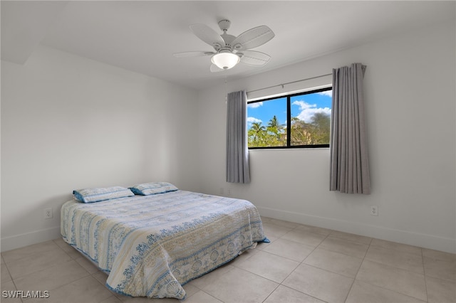 bedroom with light tile patterned flooring and ceiling fan