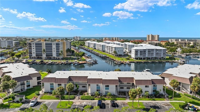 bird's eye view with a water view