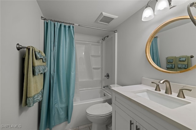 200 Lenell Rd Unit 214, Fort Myers Beach, FL 33931 - full bathroom featuring vanity, shower / tub combo with curtain, toilet, and tile patterned floors